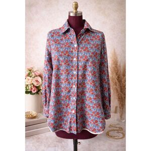 TISH COX Blouse Button Down Preppy Shirt Floral Red Blue size L
